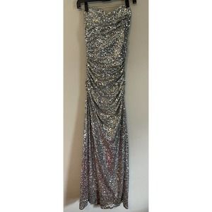 Badgley Mischka Silver Sequin Dress Gown Floor Length Formal NYE Glam Size 6